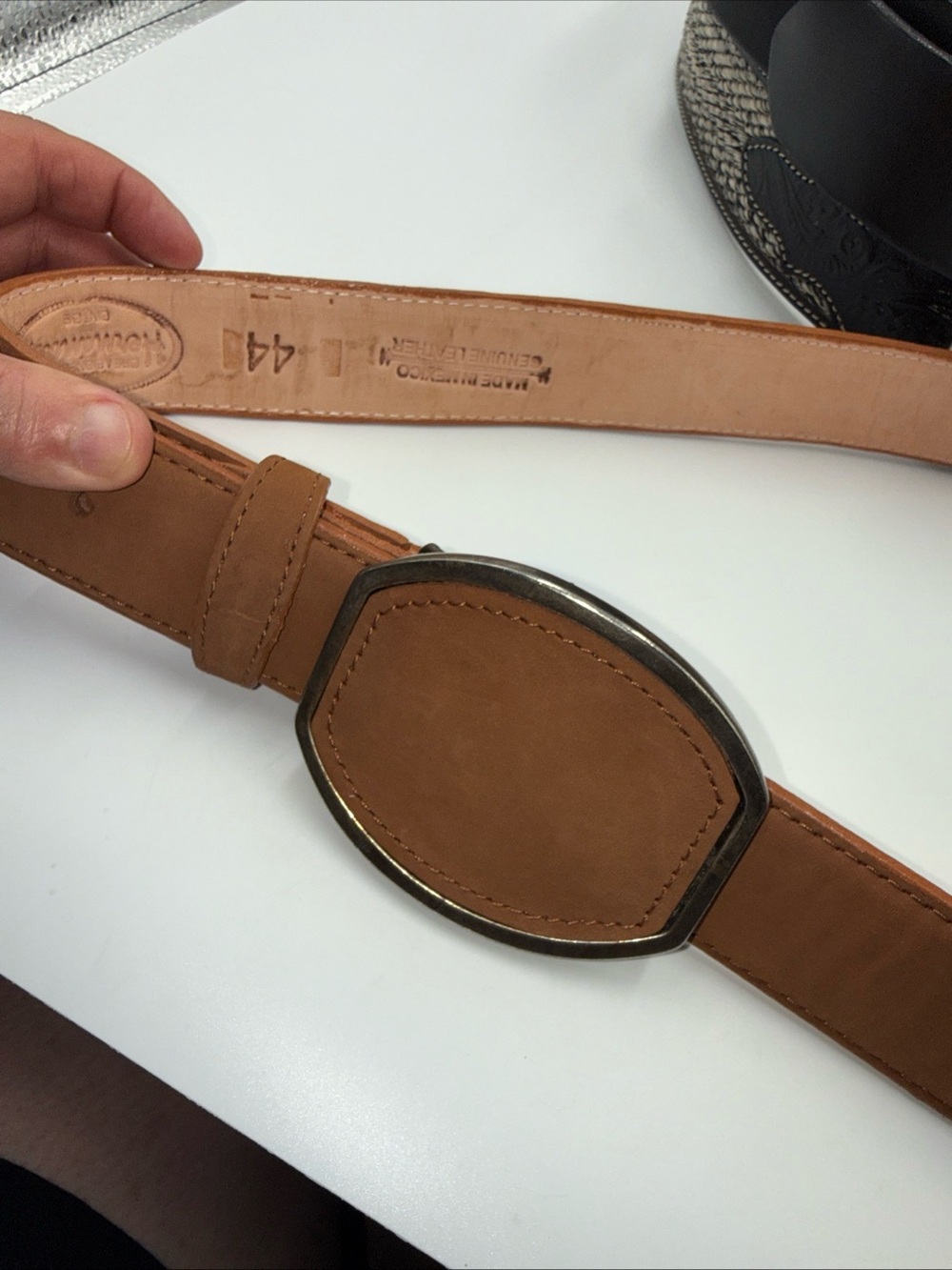 MEXICAN handmade Men's Brown/Tan Leather Belt with Oval Metal-Trim Buckle